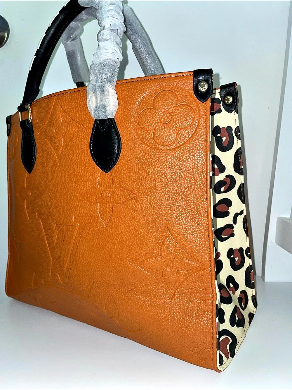 Embossed Monogram Tote Brown & Black Leopard Print Shoulder Bag purse